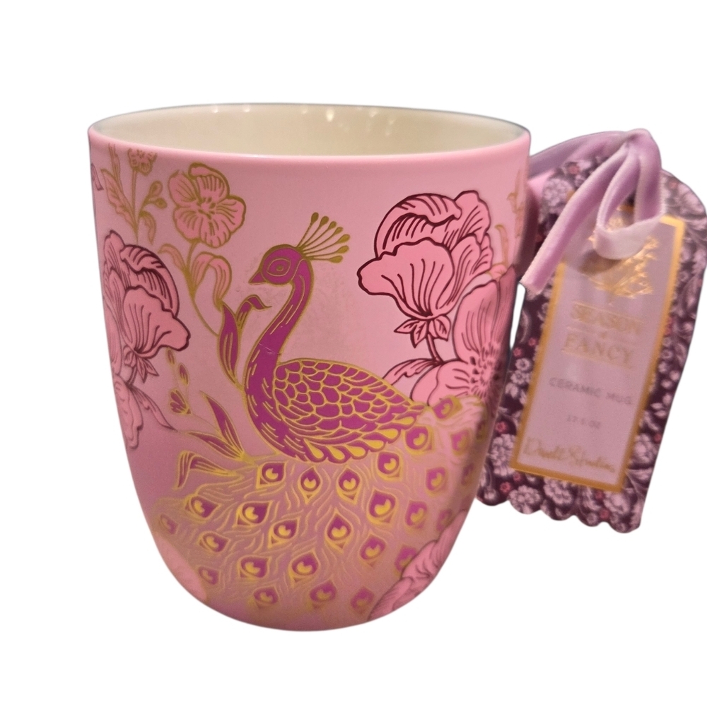 💜🔹️Dwell Studio 🔹️beautiful Peacock Print Floral Purple 17.5oz Ceramic Mug